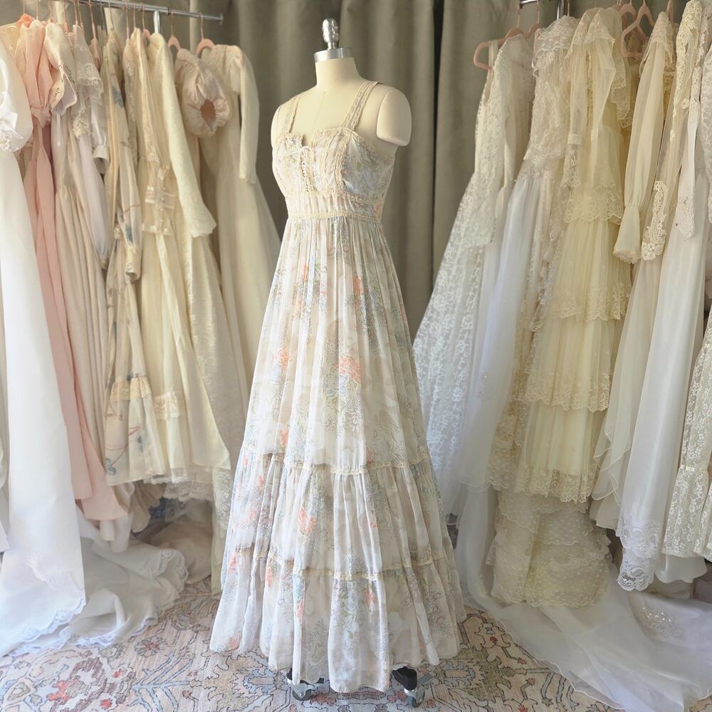 Gunne Sax Vintage 70s Floral Maxi Dress Size 7 XS S Corset Bohemian Wedding Gown